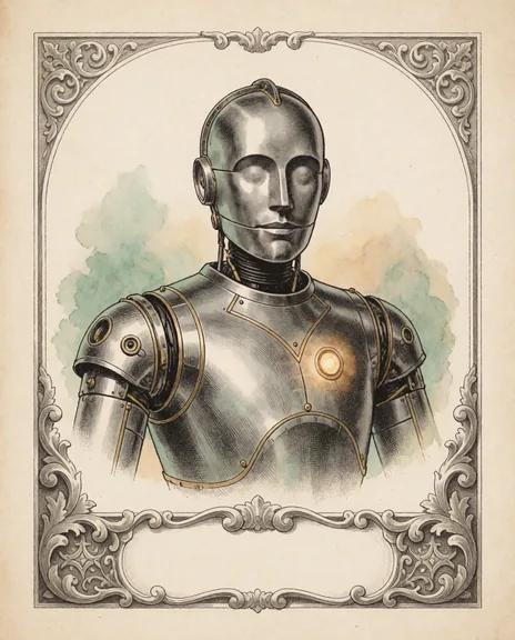 UNIT-7, a desk portrait: a calm brushed-steel robot