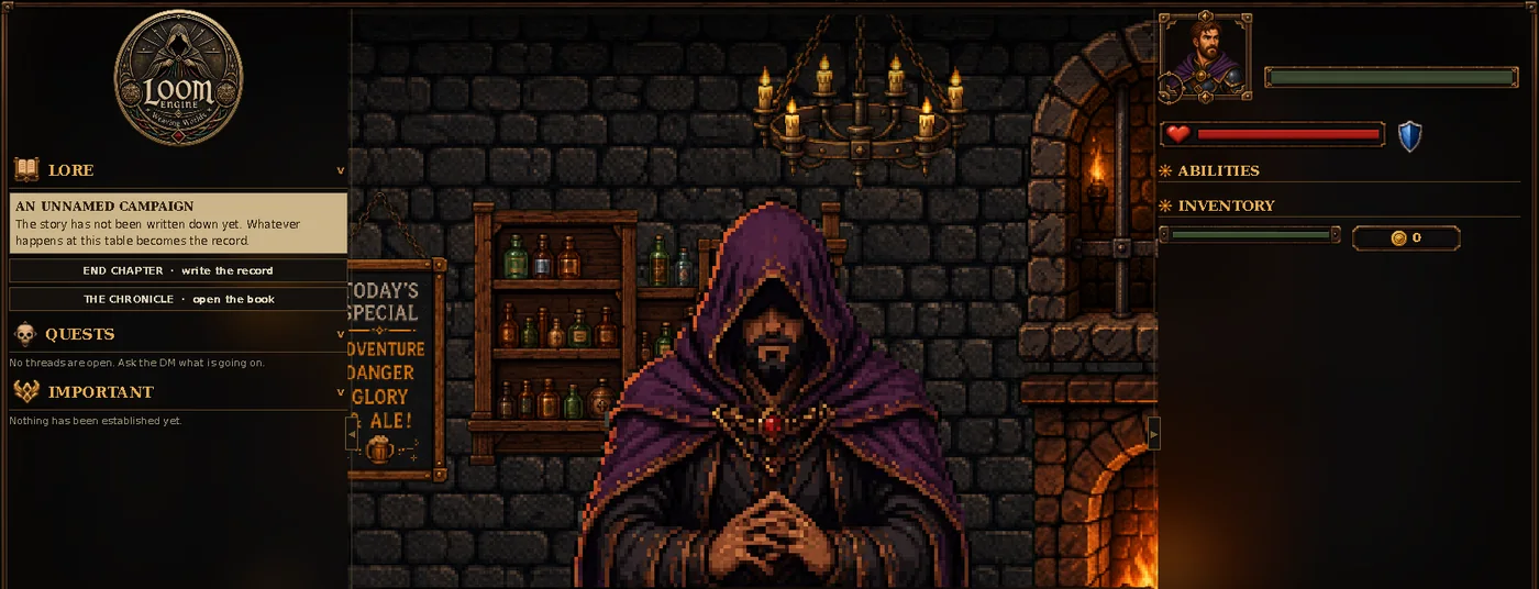 The LOOM Engine play screen: Kaelen, a hooded pixel-art dungeon master, sits at a tavern table under a candle chandelier, with lore, quests and character panels around the room.