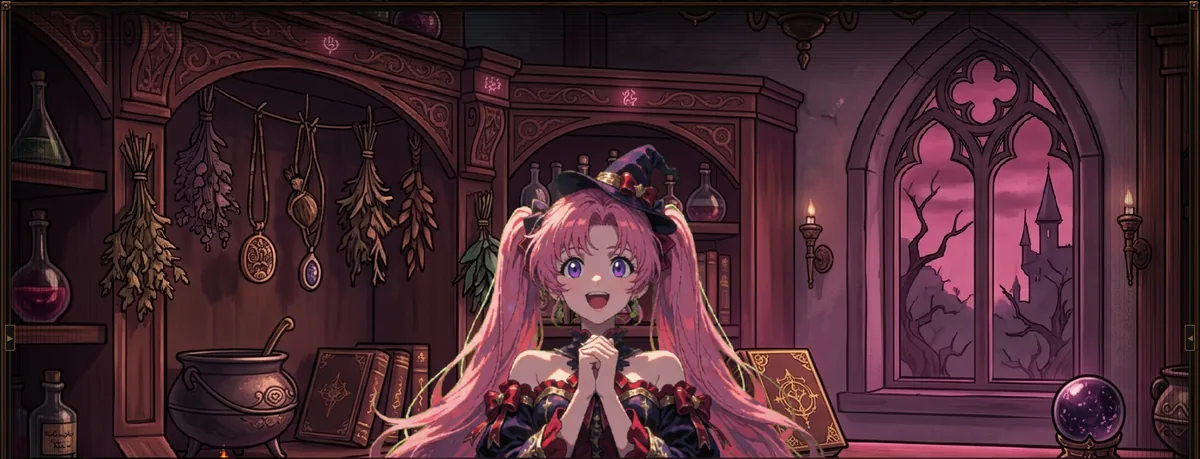 The Moonlit Parlor: plum-dark panelling, a glowing apothecary shelf, Hana at the table.