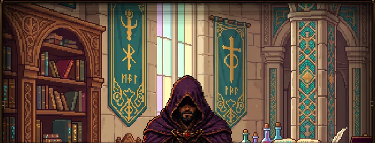 The Scriptorium: a vaulted limestone hall, stained glass, Kaelen at the table.