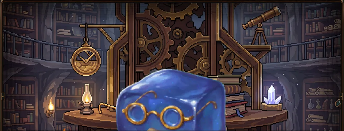 The Clockwork Stacks: a cavern library around a gear-tower, Sir Stacks at the table.