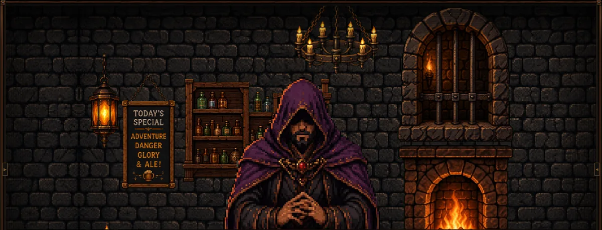 The Rusted Tankard: a low-beamed common room, Kaelen at the table.